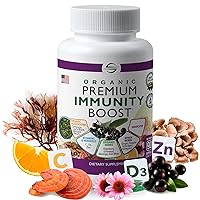 Organic Premium Immunity Boost | Vitamin C 500mg, Zinc 11mg, D3, Elderberry, Echinacea, Mushroom Supplement | Reishi, Maitake, Lions Mane | Immune Support Supplements for Adults - 90 Capsules