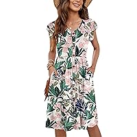 WNEEDU Women Summer Dresses Ruffle Sleeve Casual Loose Swing Button Down Elastic Waist Midi Dress