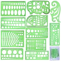 SIQUK 11 Pieces Geometric Drawings Templates Plastic Clear Green Plastic Rulers with 1 Pack Poly Zipper Envelopes for Studying, Designing and Building