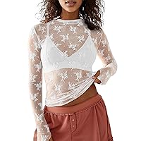 Women's Mesh Tops Sexy Long Sleeve Mock Neck Sheer Blouse Lace Floral See Through Layering Top(White-S)