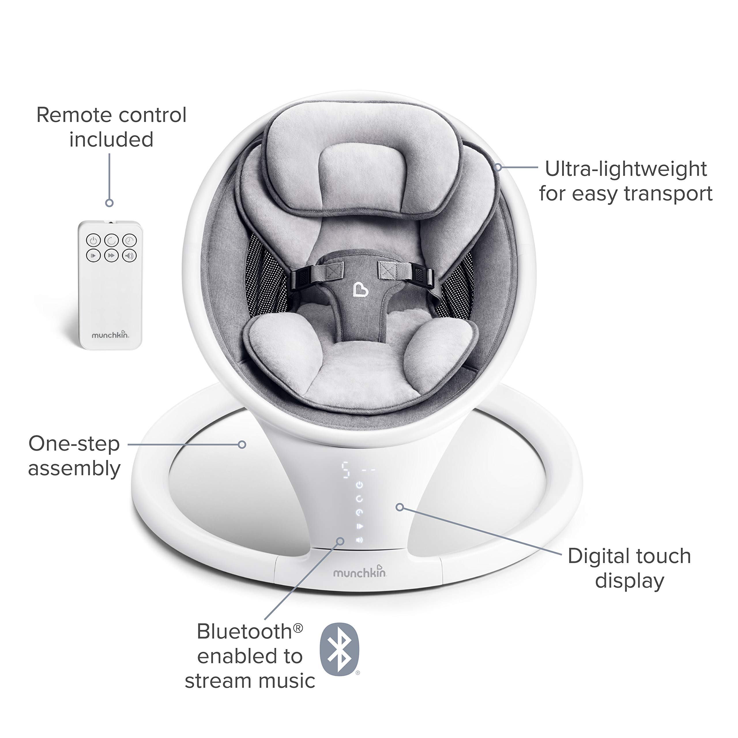 Munchkin® Bluetooth Enabled Lightweight Baby Swing with Natural Sway in 5 Ranges of Motion, Includes Remote Control