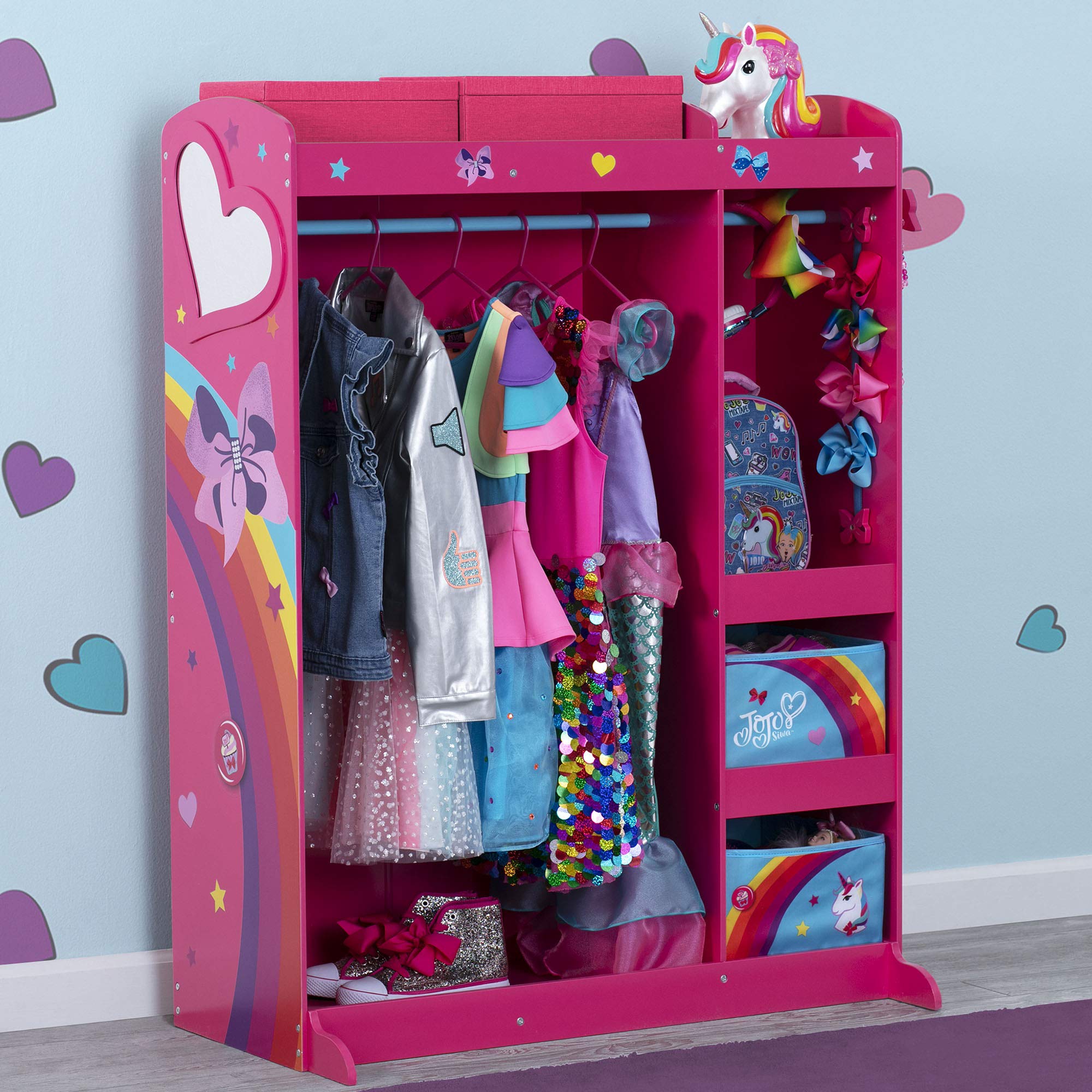 JoJo Siwa Dress and Play Boutique by Delta Children - Pretend Play Costume Storage Wardrobe for Kids with Mirror & Shelves