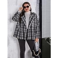 OVEXA Women's Large Size Fashion Casual Winte Plus Plaid Lapel Neck Drop Shoulder Overcoat Leisure Comfortable Fashion Special Novelty (Color : Black and White, Size : X-Large)