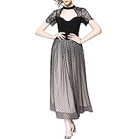 Women's V Neck Short Sleeves Floral Lace Retro Swing Cocktail Party Long Dress