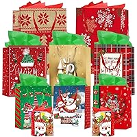 24 Pack Christmas Gift Bags Assorted Sizes: Christmas Bags with Tissue Paper, Goodie Bags Bulk, Reusable Gift Wrap Bags for Birthday Party Favors Holiday Gift Bags Jumbo Large Medium Small