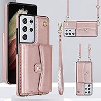 Compatible with Samsung Galaxy S21 Ultra 5G Wallet Case with Crossbody Lanyard Strap, RFID Blocking Card Slots Holder and Wrist Strap Lanyard (Rose Gold)