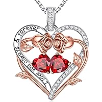 Iefil Rose Heart Birthstone Necklace Gifts for Wife Girlfriend Her Women, Birthstone Jewelry Gemstone Valentines Day Birthday Gifts for Mom Grandma Her Wife Girlfriend Women