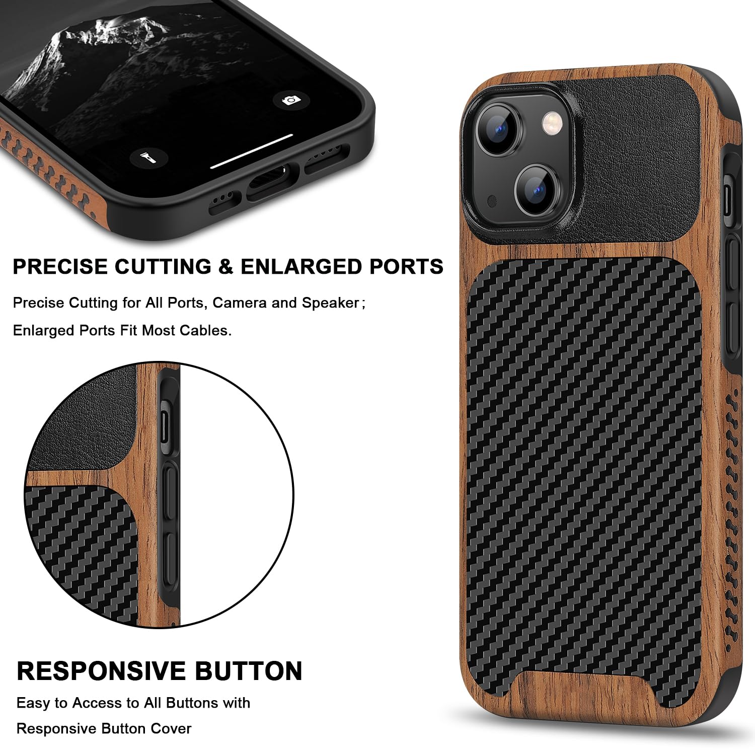 TENDLIN Magnetic Case Compatible with iPhone 15 Case Wood Grain with Carbon Fiber Texture Design Leather Hybrid Slim Case (Compatible with MagSafe) Black