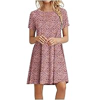 Women's Vacation Outfits Casual Printed Round Neck Short Sleeve Mid Waist Loose Pullover Dress Dresses Summer