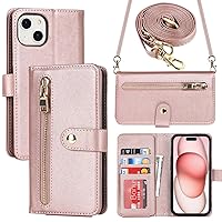 Ｈａｖａｙａ Crossbody Phone case for iPhone 15 Plus case with Strap for Women iPhone 15 Plus Wallet case with Card Holder Flip Leather Zipper Wallet Cover with Credit Card Slot-Rose Gold