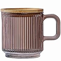 Lysenn Glass Coffee Mug with Lid - Premium Classical Vertical Stripes Glass Tea Cup - for Latte, Tea, Chocolate, Juice, Water - Lead-Free - Bamboo Lid - Brown