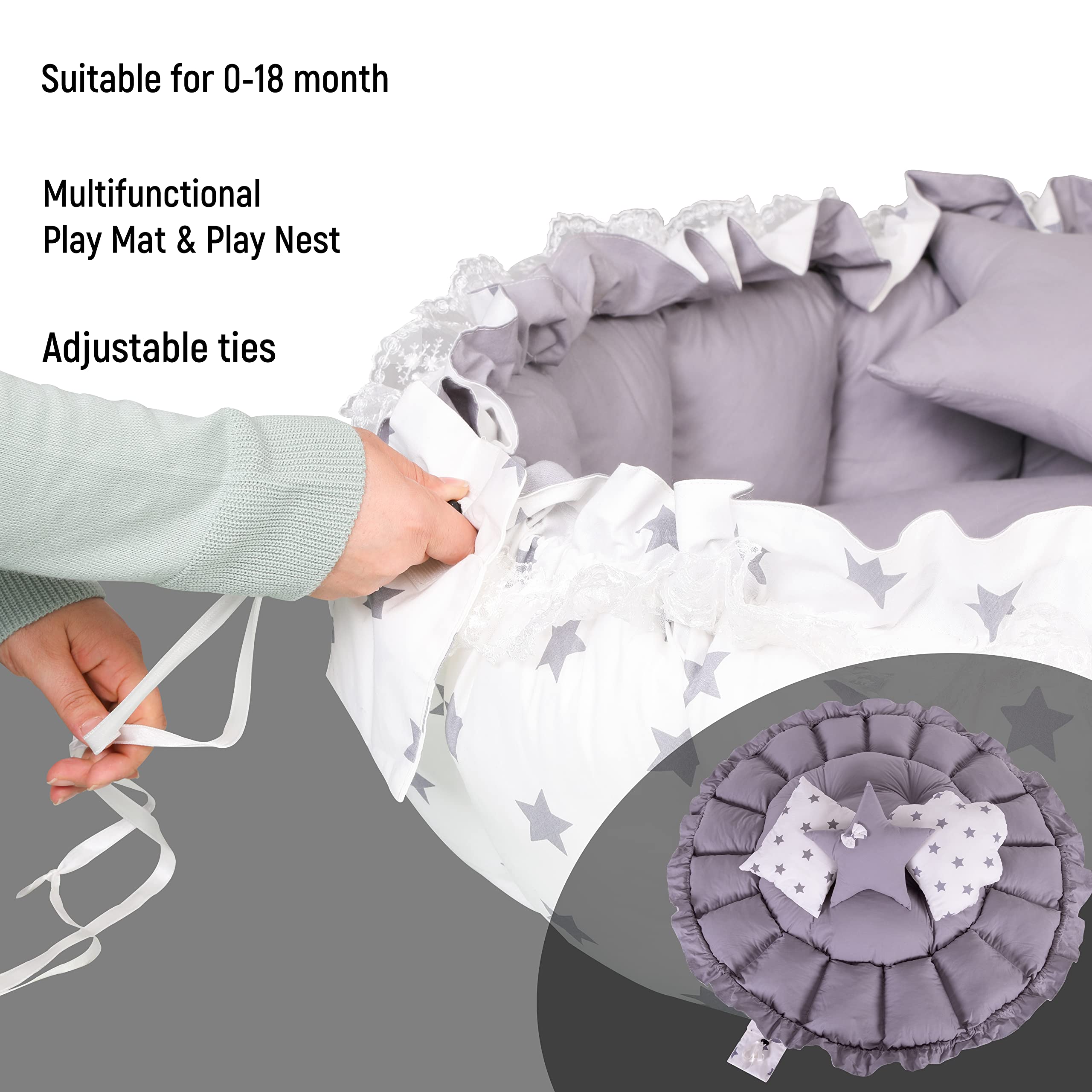 MottoKids 2-in-1 Play Mat from Baby to Toddler, Pet Cushion, Thick & Convertible, Floor Cushion for Toddler, Play Mat, Cotton & Breathable Machine Washable (Grey)