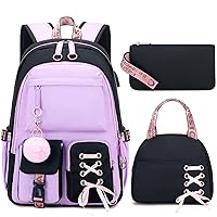 Backpacks for Girls, Girls Backpack with Lunch Box and Pencil Case for Teen Kids Elementary Middle High School College Student, Children School Backpack Bookbag with USB Charging Port (Purple)