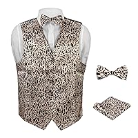 Men's Dress Vest LEOPARD Pattern Design Tan Beige Black Color LEOPARD Animal Skin Print Mens Bow Tie and Hanky Set