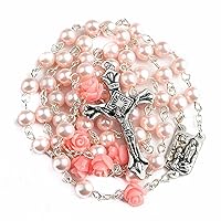 Pink Pearl Beads Rosary Necklace Our Rose Lourdes Medal and Jesus Cross Nazareth Store Velvet Bag