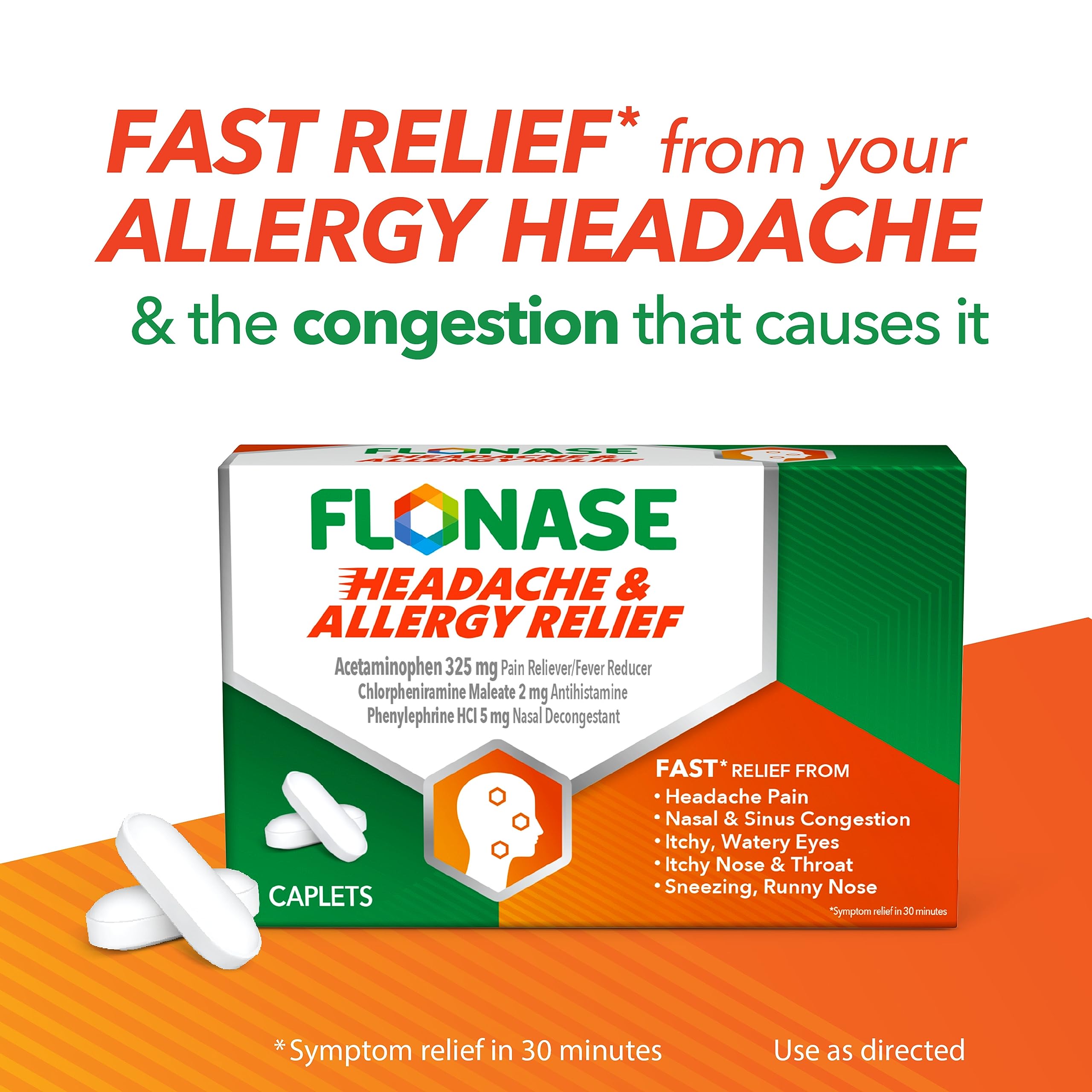 Flonase Headache and Allergy Relief Caplets with Acetaminophen 650 mg, Chlorpheniramine Maleate 4 mg and Phenylephrine HCl 10 mg Per 2 Caplet Dose - 96 Caplets