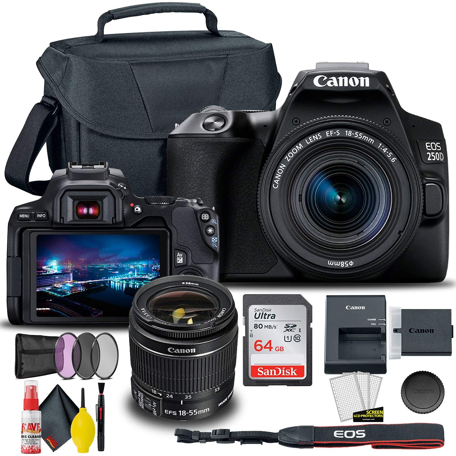 Canon EOS 250D / Rebel SL3 DSLR Camera with 18-55mm Lens + Creative Filter Set, EOS Camera Bag + Sandisk Ultra 64GB Card + 6AVE Electronics Cleanin...