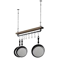 MyGift Ceiling or Wall Mounted Pot Rack with Rustic Brown Solid Wood Shelf and Industrial Matte Black Metal Pipe, Hanging Cookware Utensils Organizer with 8 S-Hooks