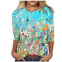 Summer Tops for Women 2024 Trendy Floral Graphic 3/4 Sleeve Shirts Crew Neck Pullover Blouse Casual Going Out Tunic Tshirt
