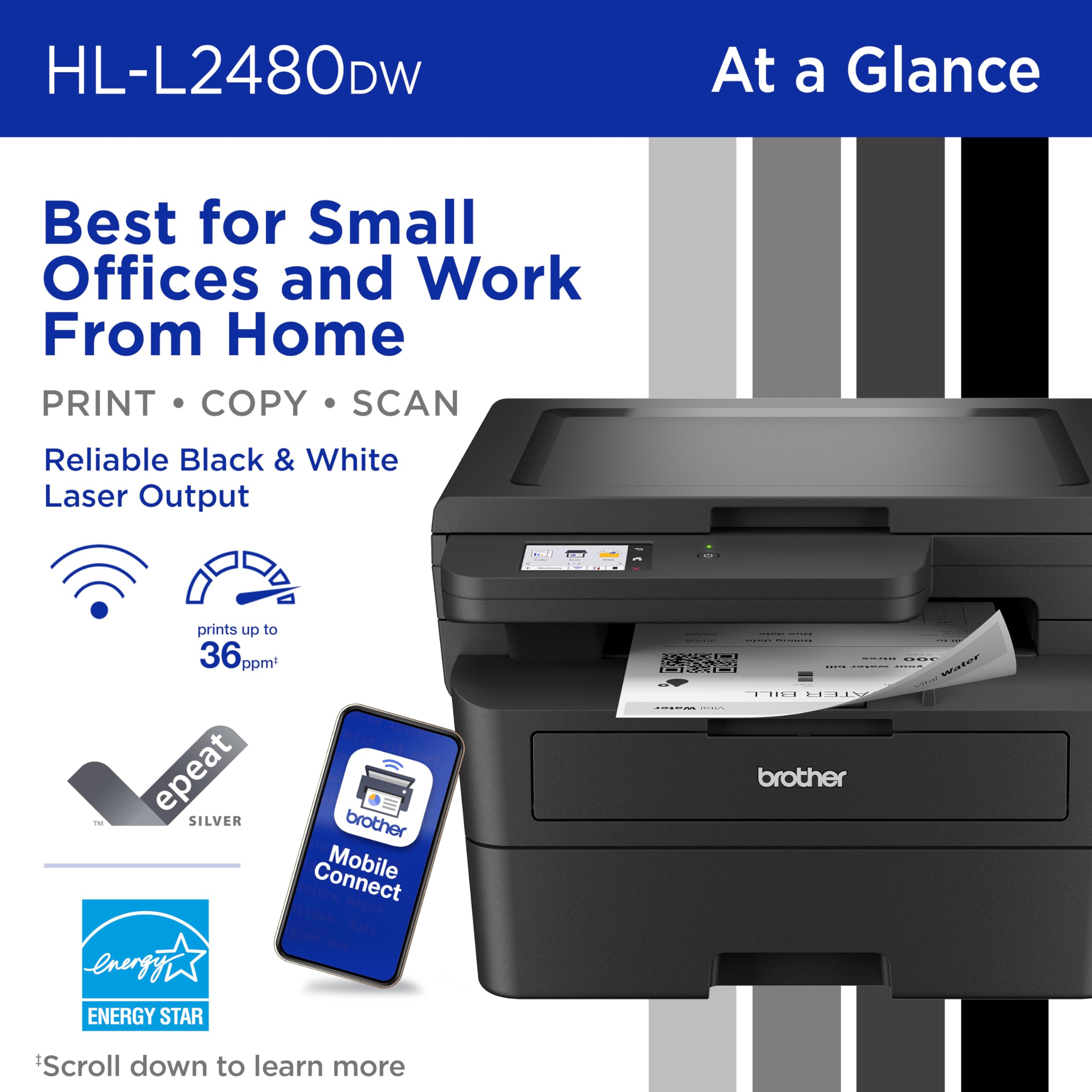 Brother HL-L2480DW Wireless Compact Monochrome Multi-Function Laser Printer with Copy and Scan, Duplex, Mobile, Black & White | Includes Refresh Subscription Trial(1), Amazon Dash Replenishment Ready