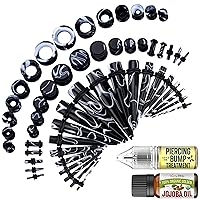 BodyJ4You 48PC Ear Stretching Kit 14G-00G - Aftercare Jojoba Oil Keloid Bump Drops - Marble White Black Acrylic Plugs Gauge Tapers Silicone Tunnels - Lightweight Expanders Men Women