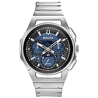 Bulova Men's CURV High Performance Quartz Stainless Steel Watch, 5-Hand Chronograph, Sapphire Crystal, Luminous Hands, Stainless Steel/ Blue Dial