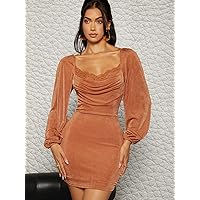 Women's Dresses Casual Wedding Draped Lace Neck Detail Ruched Lantern Sleeve Bodycon Mini Dress Wedding Guest (Color : Burnt Orange, Size : Small)