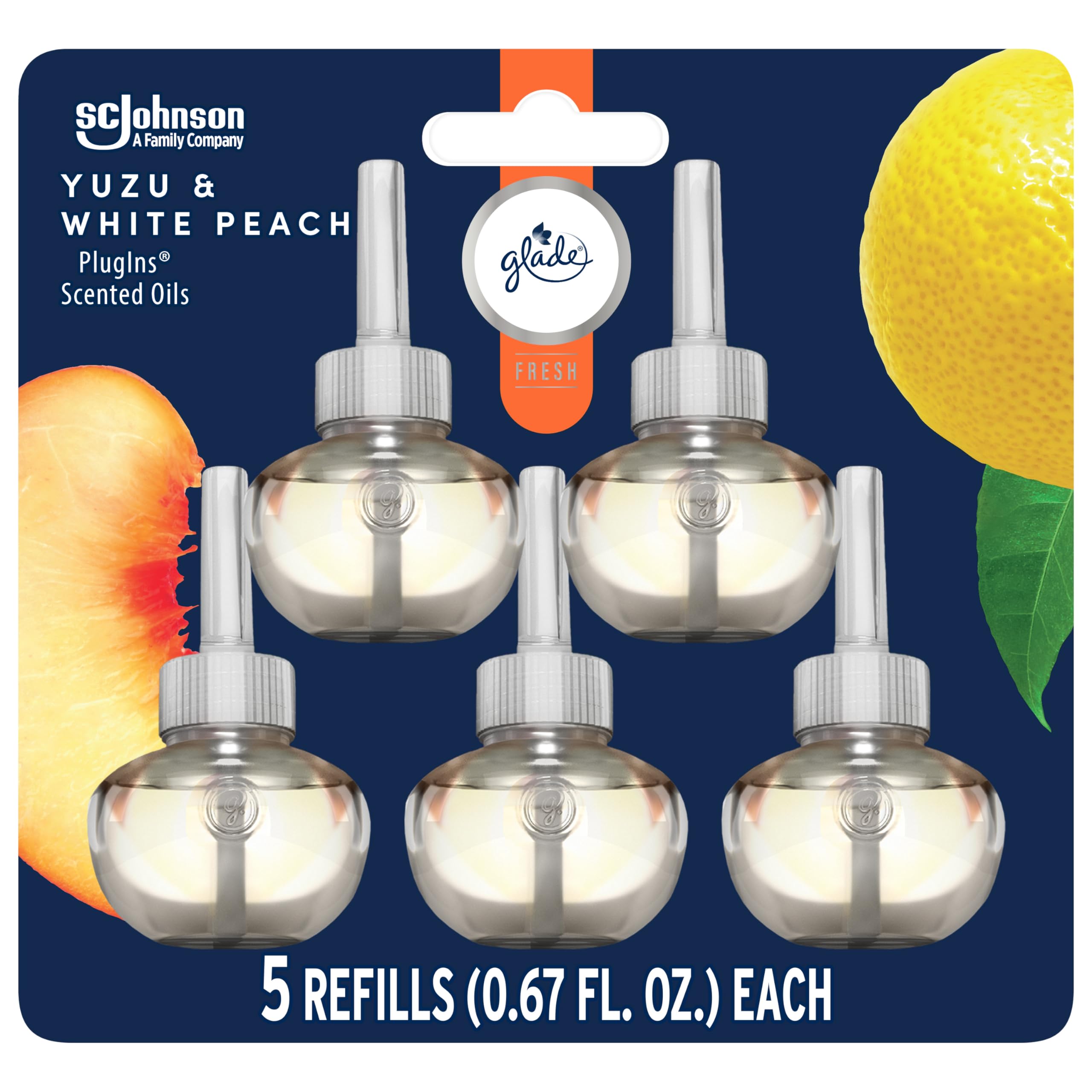 Glade PlugIns Refills Air Freshener, Scented and Essential Oils for Home and Bathroom, Yuzu & White Peach, Fresh Collection 3.35 Fl Oz, 5 Count