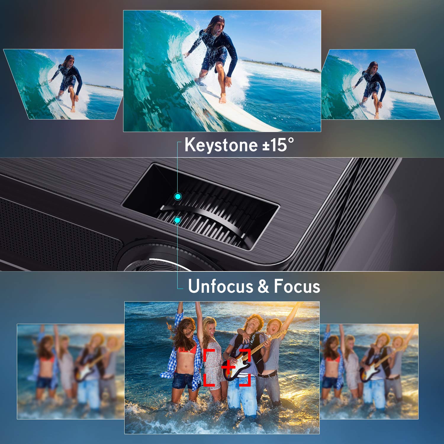 Projector, WiMiUS 4K LED Video Projector Support 200'' Display, 4D ±50° Keystone Correction, 50% Zoom Function Compatible with TV Stick, PC, Smartphone for Indoor and Outdoor Movie