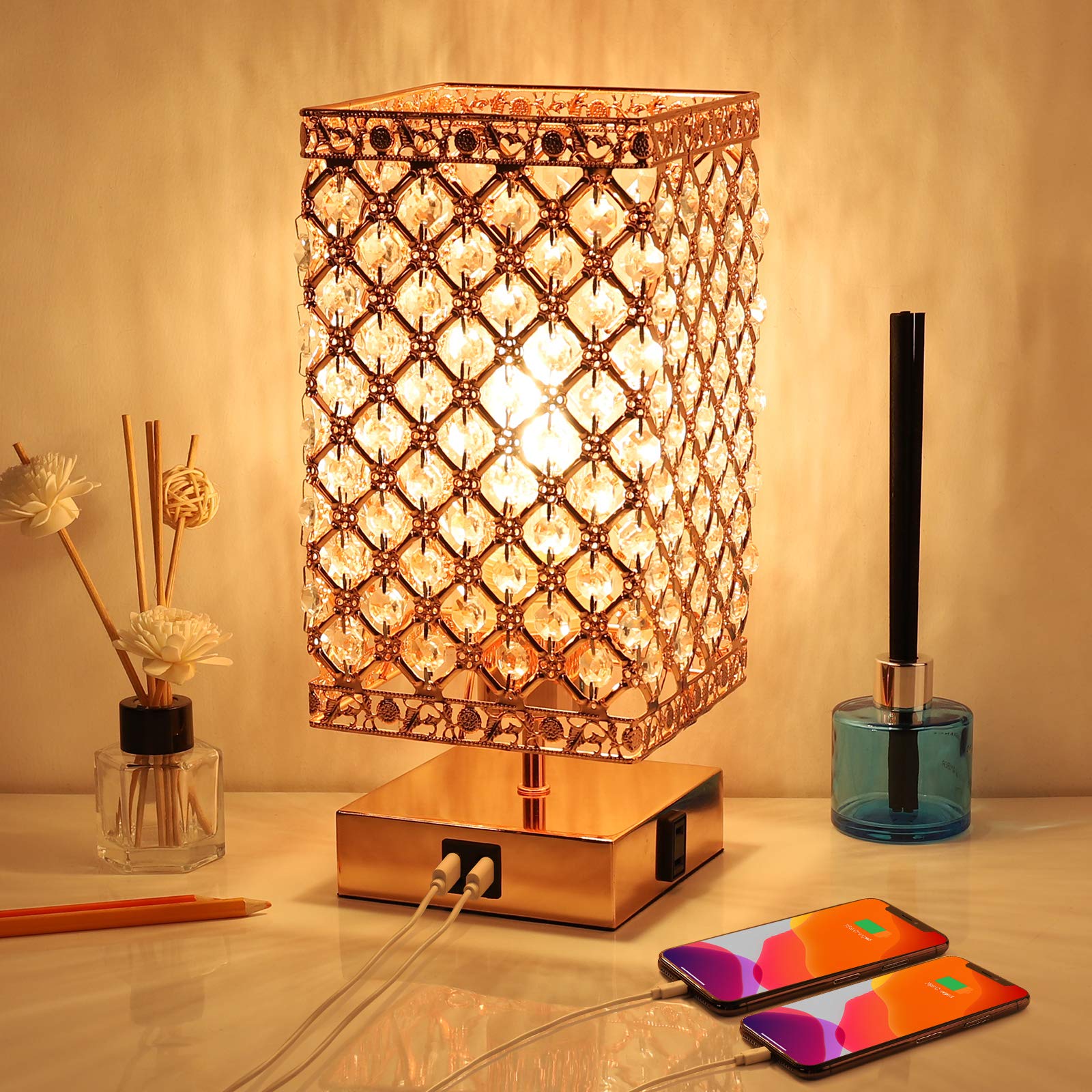 Crystal Table Lamp Crystal Bedroom Lamps with USB Port AC Outlet Touch Crystal Lamp 3 Way Dimmable Bedside Lamp Crystal Nightstand Lamp Rose Gold C...