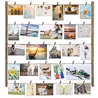 Love-KANKEI Wood Picture Photo Frame for Wall Decor 26×29 inch with 30 Clips and Adjustable Twines Collage Artworks Prints Multi Pictures Organizer and Hanging Display Frames Gift Carbonized Black