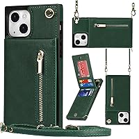 XYX Wallet Case for iPhone 13, Crossbody Strap PU Leather Zipper Pocket Phone Case Women Girl with Card Holder Adjustable Lanyard for iPhone 13, Green