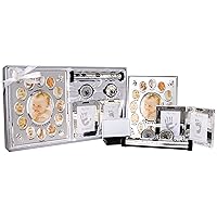 New Baby Unisex Boy Girl Gift 5 Piece Keepsake Set, First Photo Frame, Curl and Tooth Box, Handprint Footprint Prints Kit, Shiny Silver