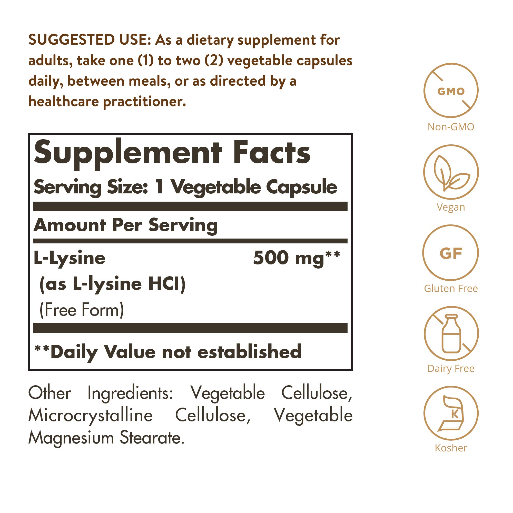 Solgar L-Lysine 500 mg, 250 Vegetable Capsules - Enhanced Absorption & Assimilation - Promotes Integrity of Skin & Lips - Collagen Support - Amino Acids - Non-GMO, Vegan, Gluten Free - 250 Servings