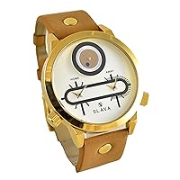 SL10085GW Quartz Analog Waterproof Mens Wrist Watch Leather Band Gold Plated