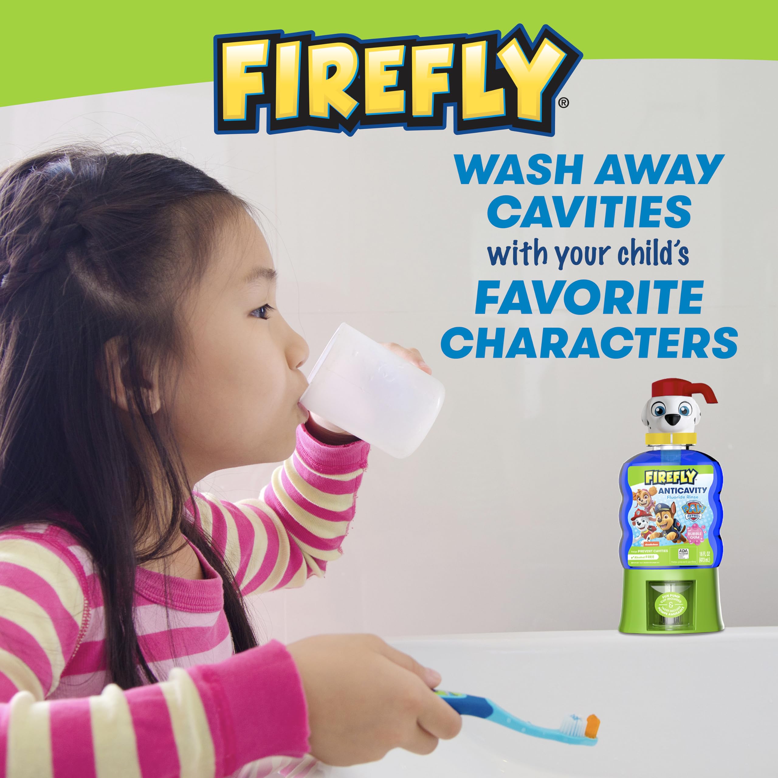 Firefly Kids Anti-Cavity Fluoride Rinse, Paw Patrol, Alcohol Free Formula, ADA Accepted, Helps Prevent Cavities, Bubble Gum Flavor, 16 Ounce
