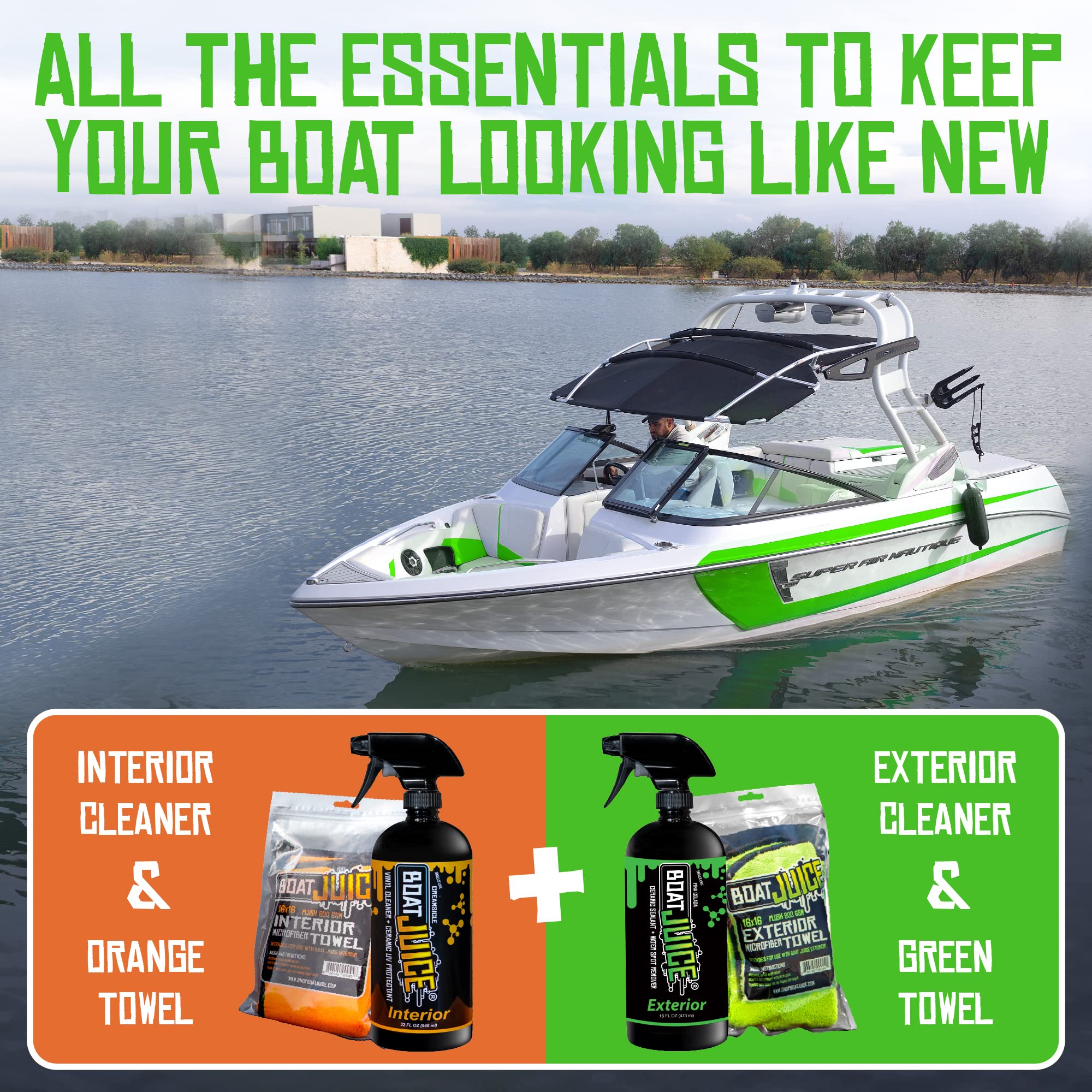 Boat Juice Boat Cleaning Kit - Exterior Boat Cleaner Water Spot Remover, Interior Boat Cleaner for Seats & Vinyl, 2 Microfiber Towels - Boat Cleaning Supplies, Boat Accessories (Kit)