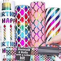 THMORT Mermaid Wrapping Paper Roll with a Cutter Kit for Girls&Boys,Kids Birthday Adults, Princess Pink Barbies 17 Inch X 120 Inch Gift Wrapping Paper Colorful Rainbow Happy Birthday wrapper.