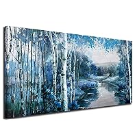 Arjun Birch Tree Wall Art Canvas Blue Landscape Nature Forest Painting Teal Mountain River Picture, Large Artwork Textured Framed for Living Room Bedroom Bathroom Home Office Wall Décor 48