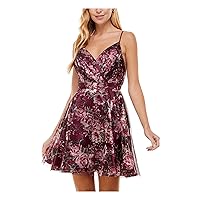 Womens Maroon Zippered Textured Lined Cupped Floral Spaghetti Strap Surplice Neckline Short Party Fit + Flare Dress Juniors 0