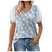 YZHM Short Sleeve Shirts for Women V Neck Summer Blouses Dandelion Print Cute Dressy Tops Loose Fit Tshirts Ladies Tee Top