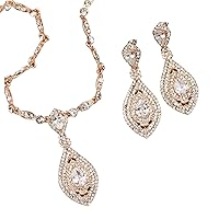 Bridal Crystal Rhinestone CZ Necklace Earrings Jewelry Set in Rose Gold for wedding