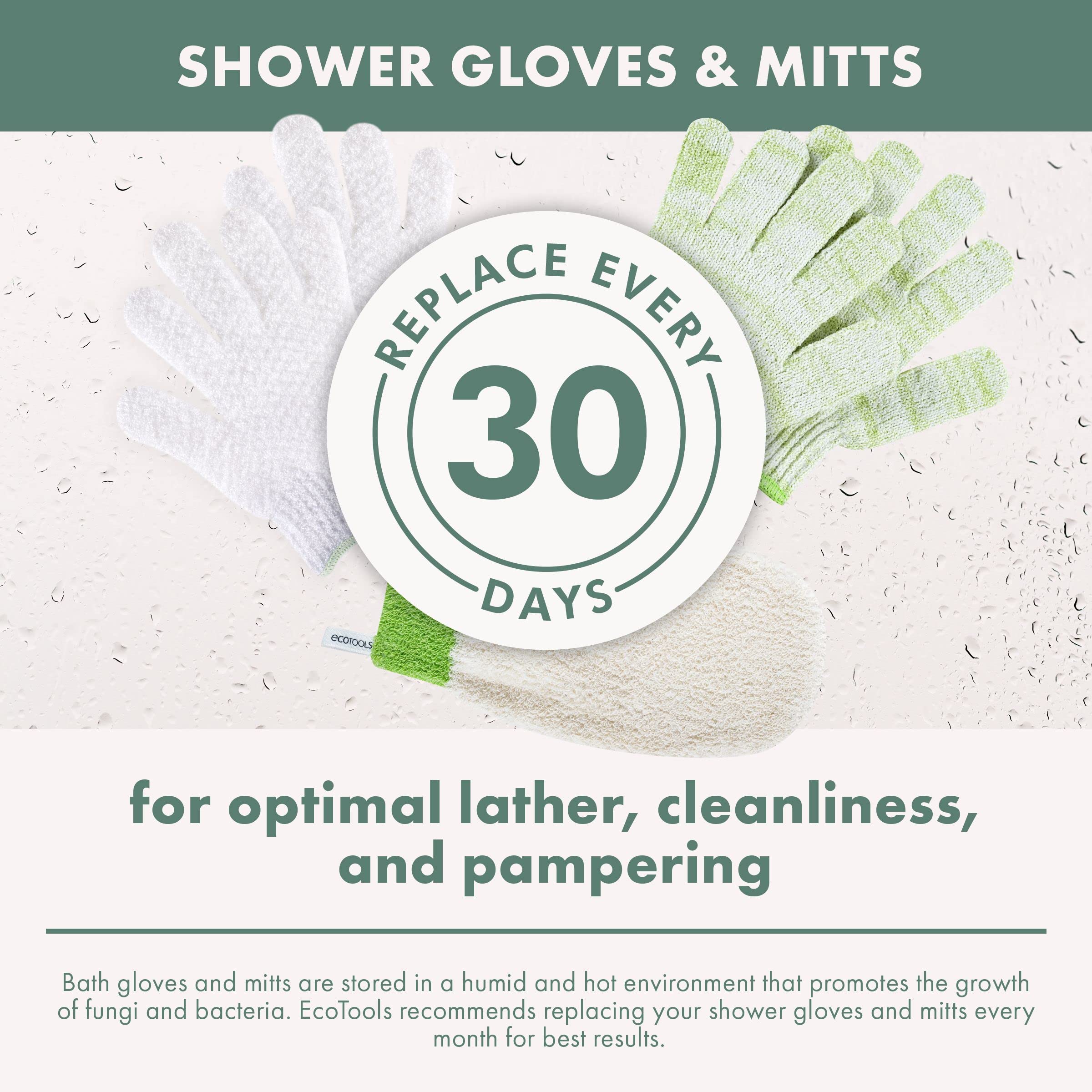 EcoTools Exfoliating Mitt, Cleansing Bath & Shower Glove, Moderate Exfoliation, Self-Tanning Prep, Buff Away Dead Skin & Impurities, Smooth & Streak Free Finish, Elastic Wrist, Sustainable, 6 Count