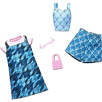Barbie Fashion 2-Pack, Blue Denim Dress, Top, and Shorts, Pink Sunglasses and Purse