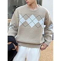 Sweaters for Men- Men Argyle Pattern Drop Shoulder Sweater (Color : Khaki, Size : Large)
