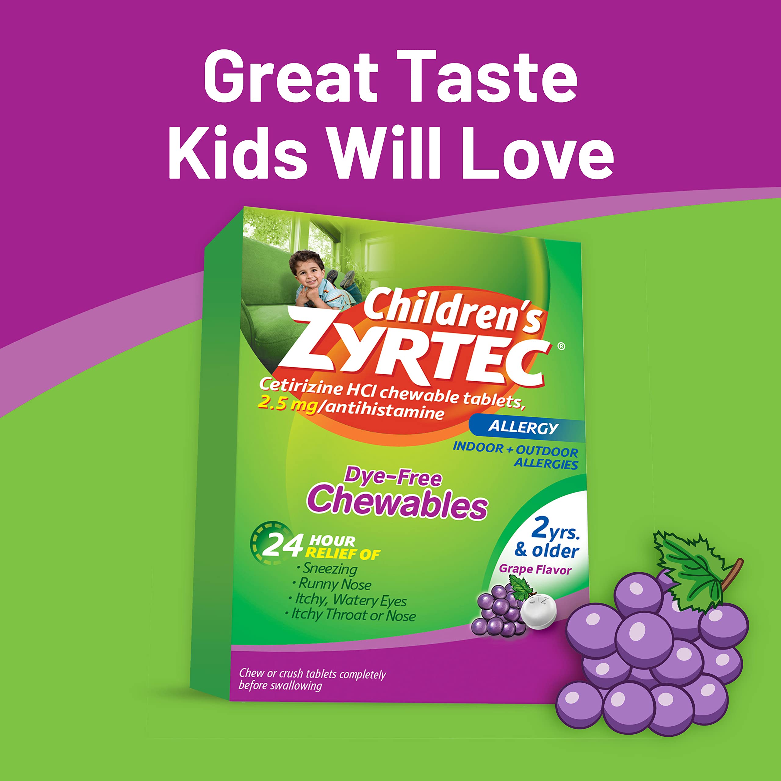 Zyrtec 24 Hour Children's Allergy Grape Chewables, 2.5 mg Cetirizine HCl Antihistamine per Tablet, Allergy Medicine for Kids Relieves Sneezing, Itchy Throat & More, Dye-Free, Grape, 24 ct