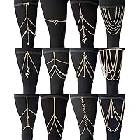 Tornito 12Pcs Thigh Chains Snake Heart Pearl CZ Leg Chain Boho Layered Body Chain Summer Beach Party Body Jewelry for Women Silver Gold Tone