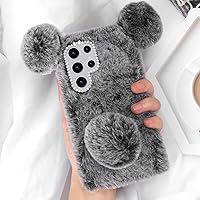 LUVI Compatible with Galaxy S23 Ultra Case Cute Plush Furry Fuzzy for Women Girls 3D Fluffy Ball Bunny Rabbit Fur Hair Girly Cartoon Bear Ear with Bling Diamond Camera Protection Phone Case Gray