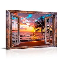Window View of Hawaii Seascape Canvas Wall Art Tropical Palm Tree Picture Prints Sunset at Ocean Landscape Painting Nature Scenery Artwork for Bathroom Office Bedroom Decoration 24x36inch