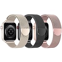 BELONGME 3 Pack Mesh Loop Compatible with Apple Watch Band 38mm 40mm 41mm 42mm 44mm 45mm 49mm Series Ultra SE 9 8 7 6 5 4 3 2 1 Women Men, Stainless Steel Metal Strap Magnetic Clasp for iWatch Bands